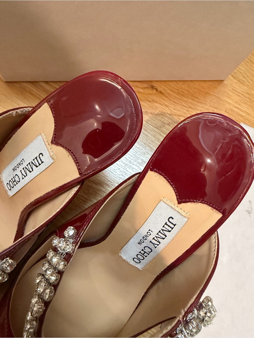 Jimmy Choo Burgundy Patent Crystal-Strap Pointed Mules - Picture 2 of 6